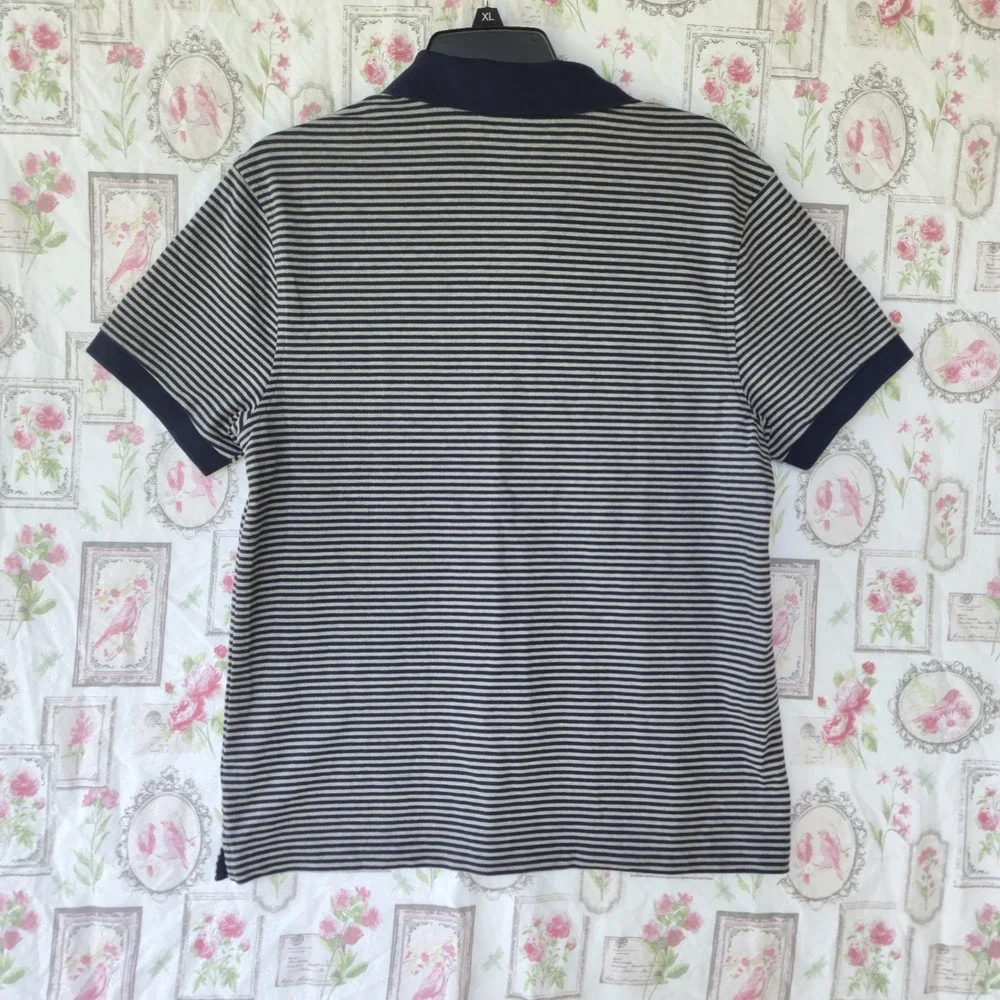J. Crew Flex Piqué Polo Shirt Mens Medium M Navy Blue Gray Striped Untucked Fit
